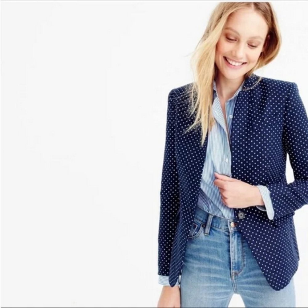 J. Crew Regent Blazer Navy White Polkadot Preppy Academia Linen Blazer Jacket